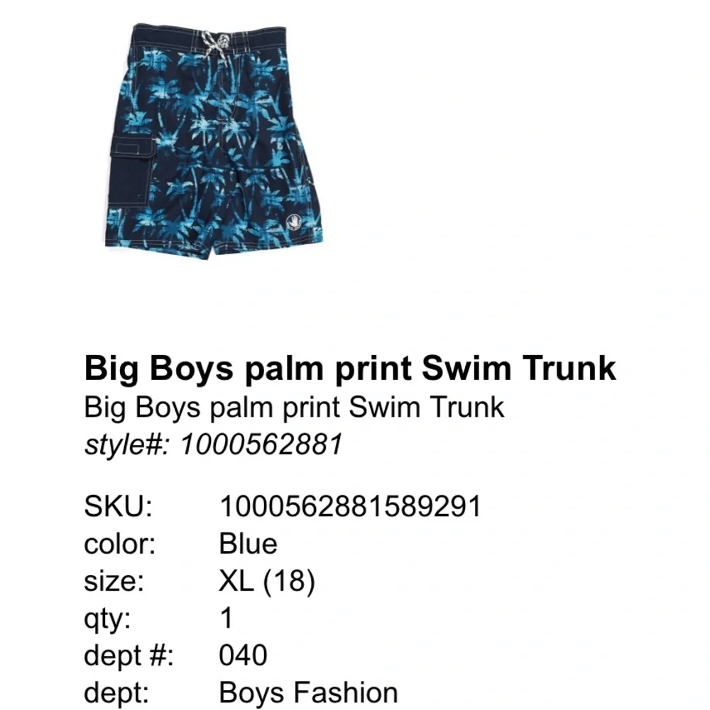 Palm Print Swim Trunks Boys Blue Size XLarge 18